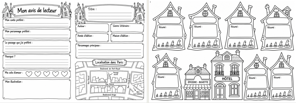 Page de questionnaire sur les livres pour enfants incluant des sections pour les avis, les personnages et une carte de localisation à Paris.